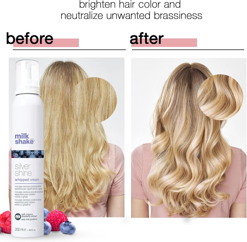 milk_shake | Silver Shine Whipped Cream 200 ml, Specific Anti-Yellow Leave-In Conditioning Foam for Blond or Grey Hair, with Violet Pigment, Made in Italy Greenwize