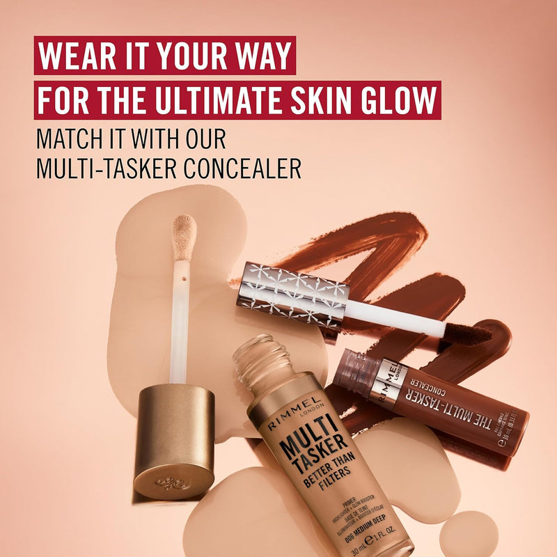 Rimmel Multi Tasker Better Than Filters, 004 Light Medium, 3 in 1 Face Primer, Glow Booster and Highlighter, Flawless Finish, Infused with Vitamin C and E, Maxi Soft Applicator, Vegan, 30ml Rimmel