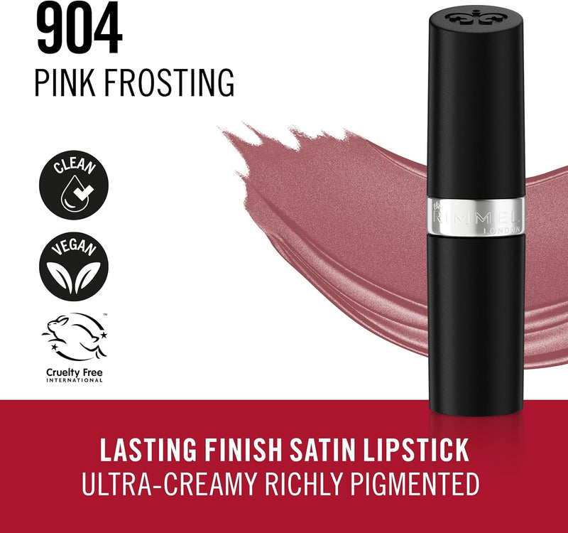 Rimmel Lasting Finish Lipstick 904 Pink Frosting, Creamy Satin Finish, Long Lasting 8 HR Wear, Comfortable Formula, Rich Pigment Rimmel