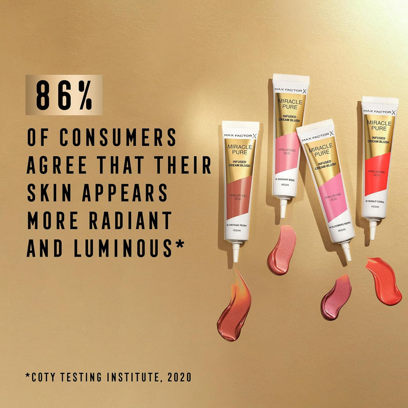 Max Factor Miracle Pure Cream Blush 01 Radiant Rose, Moisturising, Plumps & Hydrates, Buildable Glow, Infused with Hyaluronic Acid & Squalene, Fresh & Healthy Looking Skin, 100% Vegan Max Factor