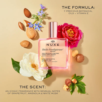 NUXE Huile Prodigieuse Florale Multi-Purpose Dry Oil 100ml, Nourishing Dry Oil, For Face, Body & Hair, With Delicate Floral Scent of Magnolia & White Musks, Vegan Formula Greenwize
