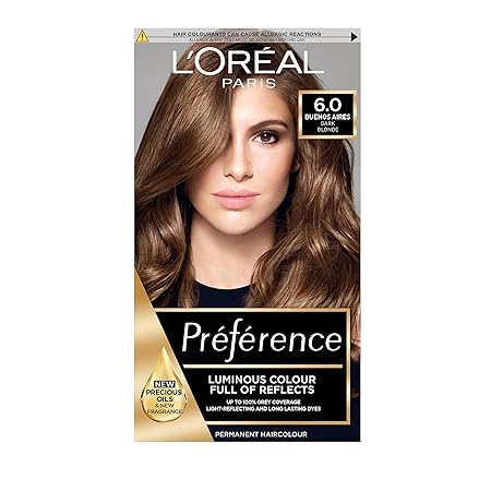 L'Oreal Paris Permanent Hair Dye, Preference 6.0 Buenos Aires, 100% Grey Coverage, Long Lasting, Luminous Hair Colour with Anti-Brass Purple Mask, Luminous Reflects, Pack of 1 LOreal Paris