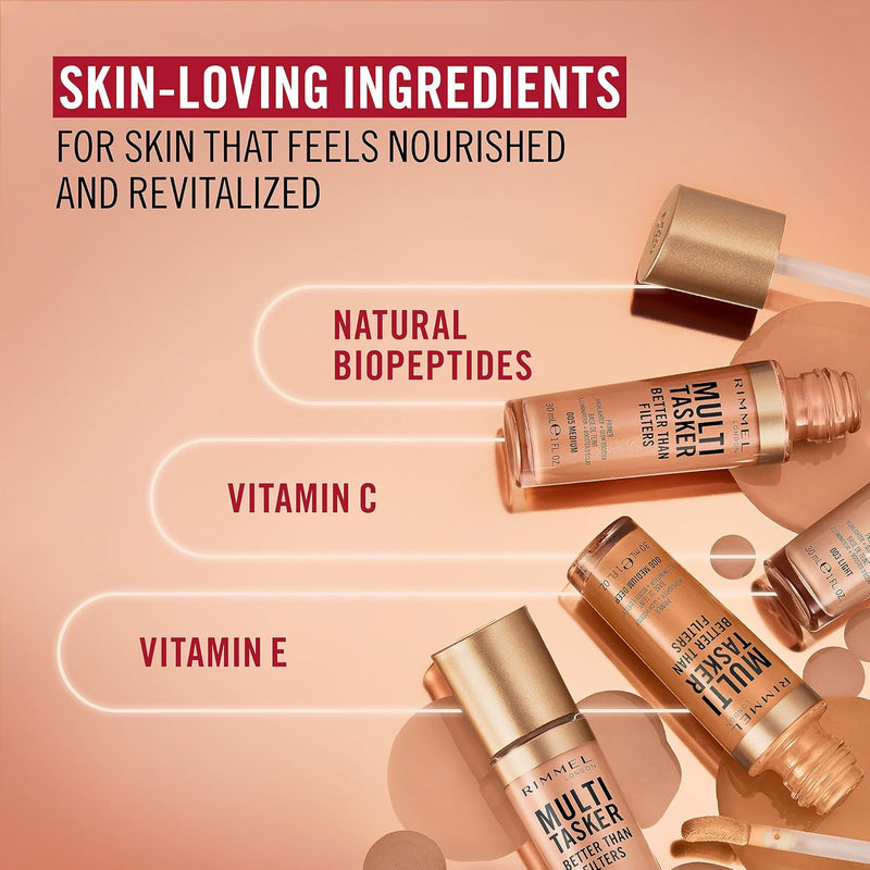 Rimmel Multi Tasker Better Than Filters, 004 Light Medium, 3 in 1 Face Primer, Glow Booster and Highlighter, Flawless Finish, Infused with Vitamin C and E, Maxi Soft Applicator, Vegan, 30ml Rimmel