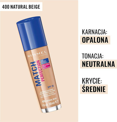 Rimmel Match Perfection Foundation 400 Natural Beige, Medium Coverage, 24hr Hydration, No Caking or Creasing, Lightweight, Reduces Imperfections, Invisible Coverage, SPF20, Cruelty Free Rimmel
