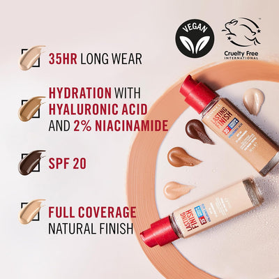 Rimmel Lasting Finish 35Hr Foundation 303 Honey, Full Coverage, Hydrating, SPF20, Hyaluronic Acid, Vitamin E, 2% Niacinamide, All Day Wear, Vegan, Cruelty Free Greenwize