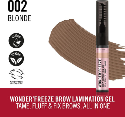Rimmel Wonder'Freeze Brow Lamination Gel 002 Blonde, Sculpt Shape Set Brows One, All Day Hold, Flake-Free, Naturally Fluffy Looking Brows, Dual Comb and Brush, Smudge Proof, Cruelty Free, Vegan Rimmel