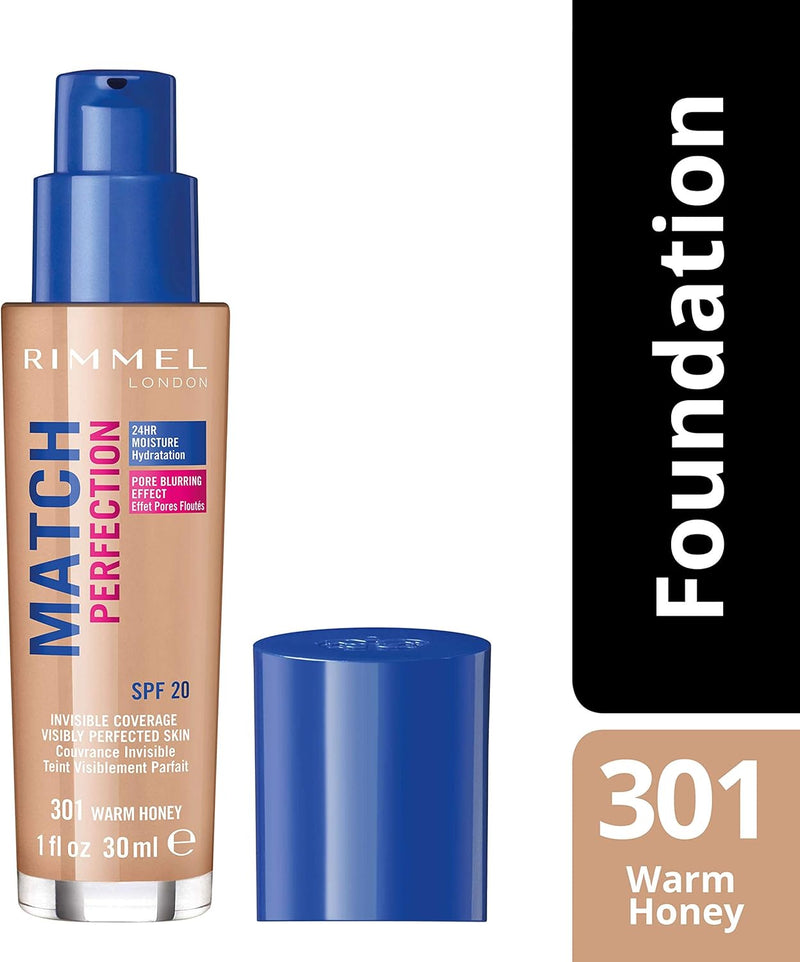 Rimmel Match Perfection Foundation 301 Warm Honey, Medium Coverage, 24hr Hydration, No Caking or Creasing, Lightweight, Reduces Imperfections, Invisible Coverage, SPF20, Cruelty Free Greenwize
