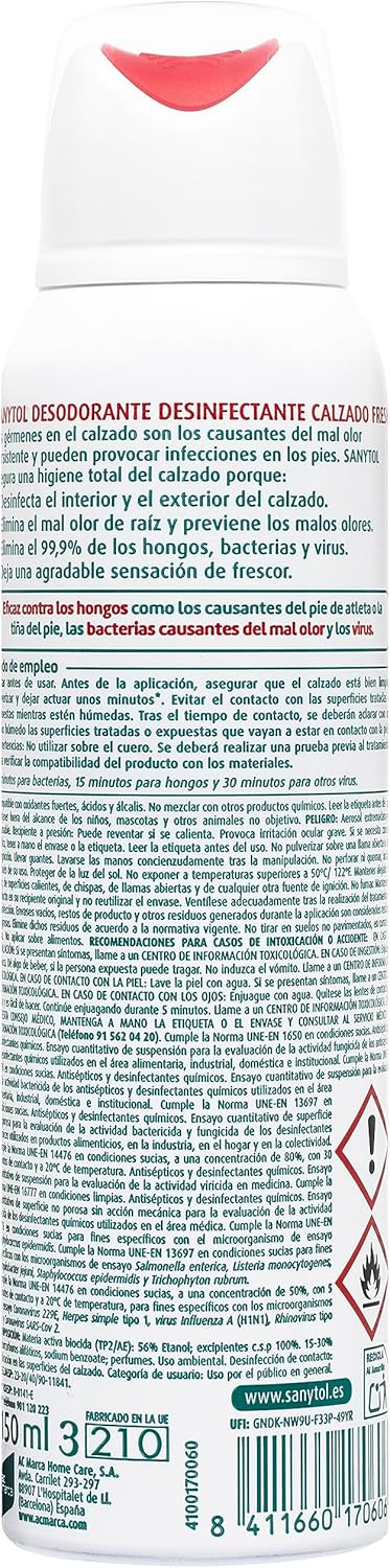 Sanytol Disinfectant Spray-150 Ml Deodorant Sanitizer Shoes Spray, 150 ml (Paquete de 1) Greenwize