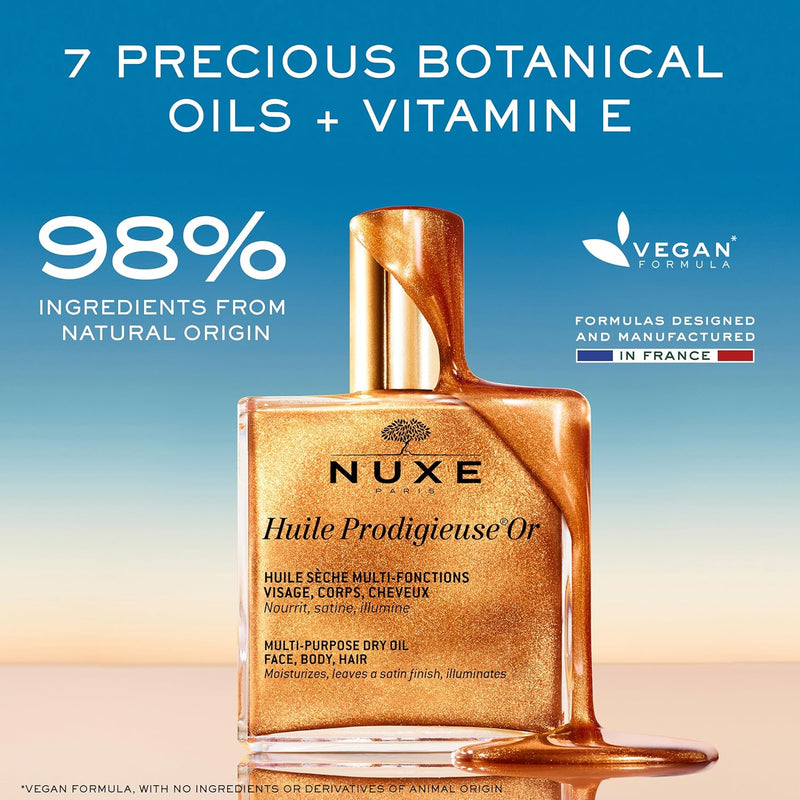 NUXE Huile Prodigieuse Shimmering Dry Oil 50ml, Gold-Flecked Dry Oil, Illuminates & Softens Face, Body & Hair, Multi-Purpose Nourishment, Vegan Formula Greenwize