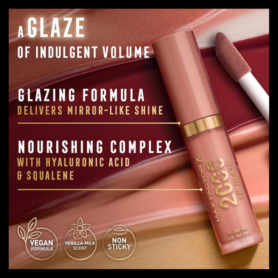 Max Factor 2000 Calorie Lip Glaze Cotton Candy, Full Shine Lip Gloss, Nourishing with Hyaluronic Acid & Squalane, Instant Plump, Non-Sticky, Vanilla-Milk Scent, Fuller Looking Lips Max Factor