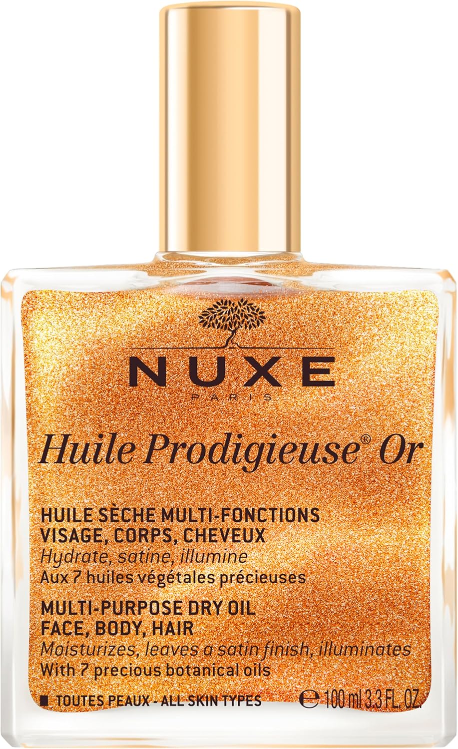 NUXE Huile Prodigieuse Shimmering Dry Oil 100ml, Illuminating Multi-Purpose Oil, With Gold-Flecked Glow for Face, Body & Hair, Softens & Enhances, Vegan Formula Greenwize