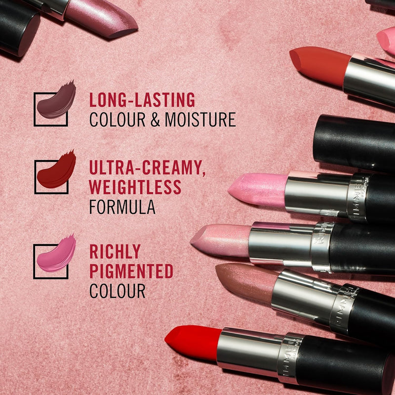 Rimmel Lasting Finish Lipstick 904 Pink Frosting, Creamy Satin Finish, Long Lasting 8 HR Wear, Comfortable Formula, Rich Pigment Rimmel