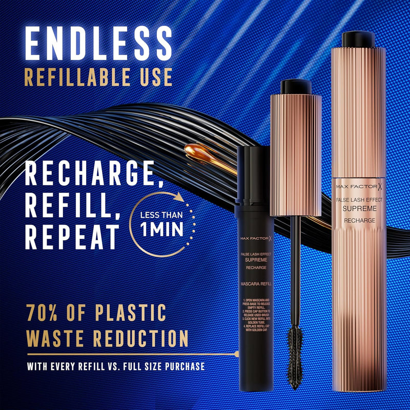 Max Factor False Lash Effect Supreme Recharge Mascara - Black, Instant 7x Volume, Healthier-Looking Lashes, Keratin-Rich Formula, Refillable Mascara Max Factor