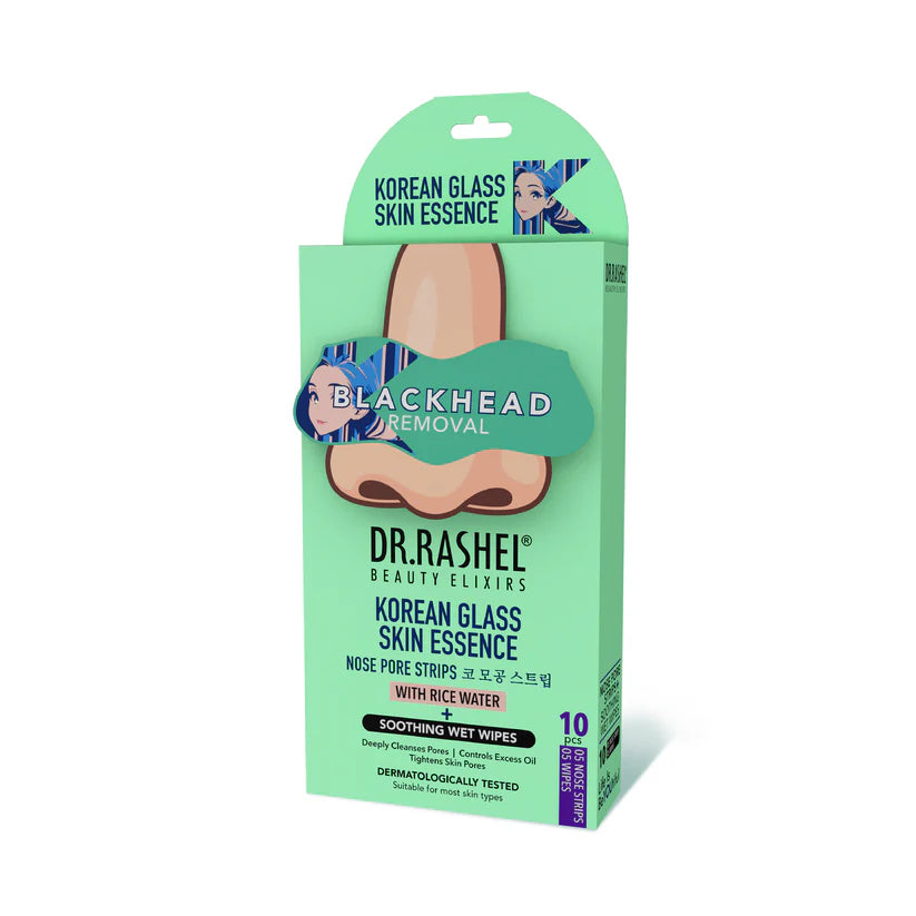 DR.RASHEL Korean Nose Pore Strips with 1% Ceramides & Rice Water, Deep Cleansing, Pore Tightening & Blackhead Removal, 10 Strips + 10 Wipes Dr. Rashel