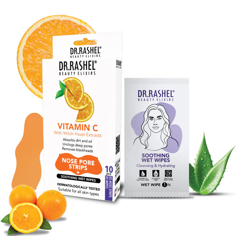 DR.RASHEL Dr. Rashel Vitamin C Nose Pore Cleansing Strips, 5 Strips with Witch Hazel Extracts, with 5 Soothing Wet Wipes -Pack of 10 Dr. Rashel