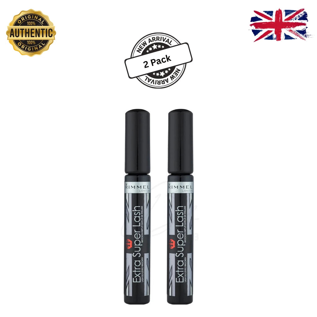 RIMMEL LONDON - Extra Super Lash Building Mascara - Defines, Lengthen & Curl Lashes - With Hydrogel For Healthy Looking Finish - Enriched With Vitamin E - No Clumping - 101 Black Black (Pack of 2) Rimmel