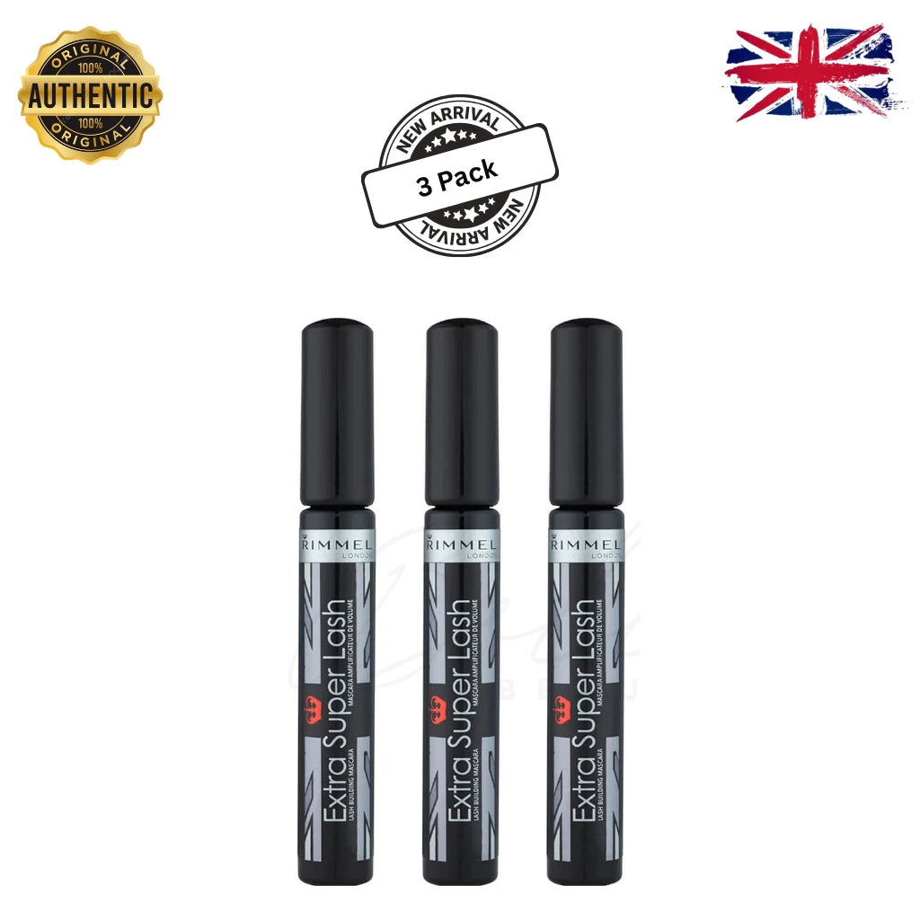 RIMMEL LONDON - Extra Super Lash Building Mascara - Defines, Lengthen & Curl Lashes - With Hydrogel For Healthy Looking Finish - Enriched With Vitamin E - No Clumping - 101 Black Black (Pack of 3) Rimmel