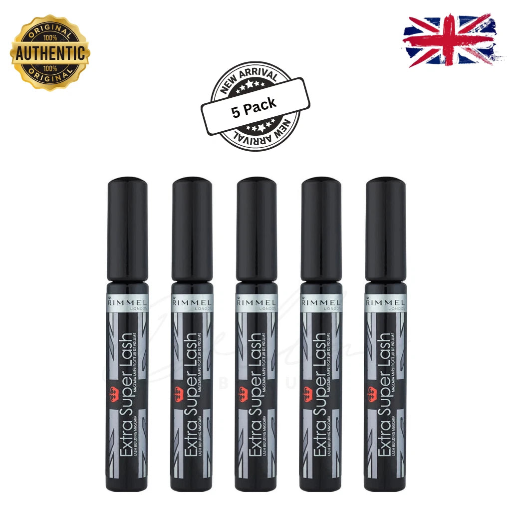 RIMMEL LONDON - Extra Super Lash Building Mascara - Defines, Lengthen & Curl Lashes - With Hydrogel For Healthy Looking Finish - Enriched With Vitamin E - No Clumping - 101 Black Black (Pack of 5) Rimmel